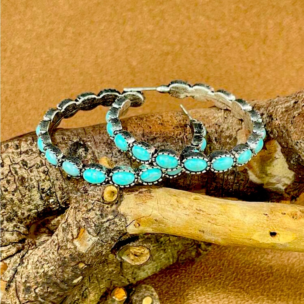 Western Style Turquoise Impression Hoops